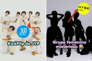 Izquierda: siete miembros de KickFlip de JYP posan. Derecha: silueta de grupo femenino misterioso con flecha apuntando a HYBE Labels