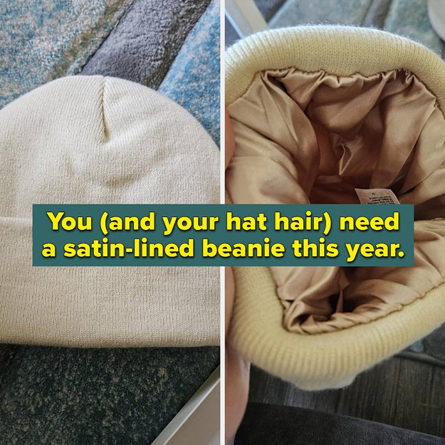 Satin-lined beanie displayed, highlighting soft satin interior. Caption suggests it prevents hat hair