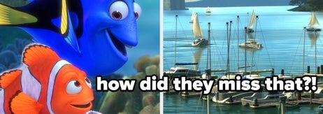 Animated fish from a popular movie next to a real-life harbor with boats, text overlay says, "how did they miss that?!"