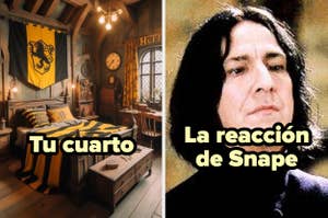 Habitación de Hogwarts con tema de Hufflepuff y texto de reacción de Snape