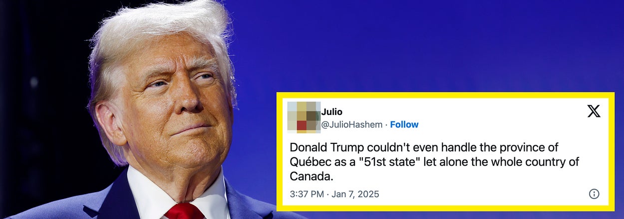 A man in a suit stands beside a tweet criticizing Donald Trump about handling Quebec, labeled as "51st state," dated January 7, 2025