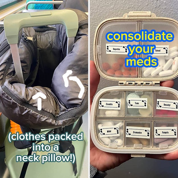 Left: Clothes packed into a neck pillow on a travel seat. Right: Pill organizer with labeled compartments for meds