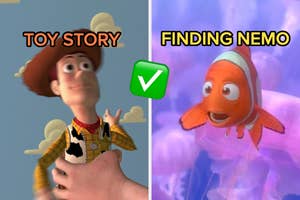 Split image: Left, Woody from Toy Story. Right, Marlin from Finding Nemo. Green check mark in the center