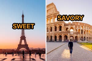 Split image: Eiffel Tower labeled "Sweet" on the left, Colosseum labeled "Savory" on the right