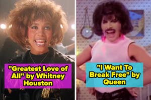 Whitney Houston singing "Greatest Love of All" and Freddie Mercury in a film scene from Queen's "I Want to Break Free" music video