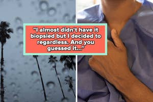 Left: Raindrops on glass with palm trees in the background. Right: Person's hand gripping blue fabric, possibly a garment or clothing