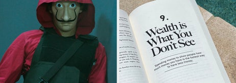 Left: Person in a red hood with a theatrical mask. Right: Book open to page 9, "Wealth is What You Don't See" with text below about spending habits