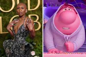 Left: Person in elegant, sparkling gown with deep neckline, multiple rings, short hair. Right: Animated character with pink skin wearing a hoodie