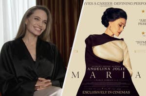 Woman in a robe smiling in an interview next to a movie poster featuring the same woman in elegant attire, titled "Maria."