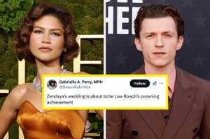 Two side-by-side photos of Zendaya in an elegant gown and Tom Holland in a suit. Tweet overlay mentions Zendaya's wedding and Law Roach's achievement