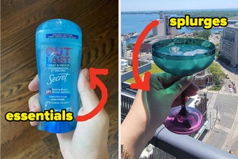 Left image shows a hand holding Secret Outlast deodorant labeled "essentials." Right image shows a hand holding a drink in a wine glass labeled "splurges."