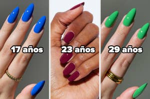 Manicuras en tres edades: azul a los 17, borgoña a los 23 y verde a los 29, destacando la evolución de estilo